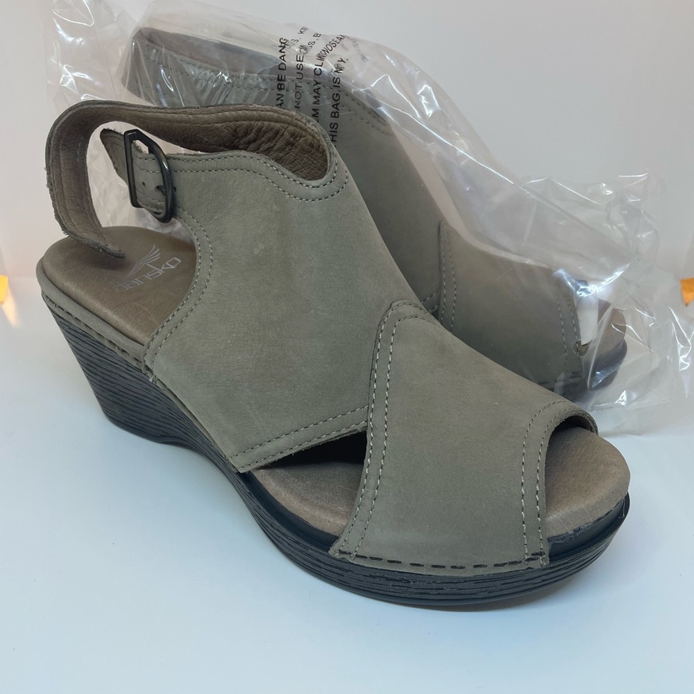 Dansko Taupe Suede Peep-Toe Wedge Sandals
